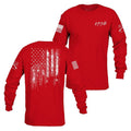 Red long-sleeve shirt with American flag design on the front and back, featuring the year 1776.