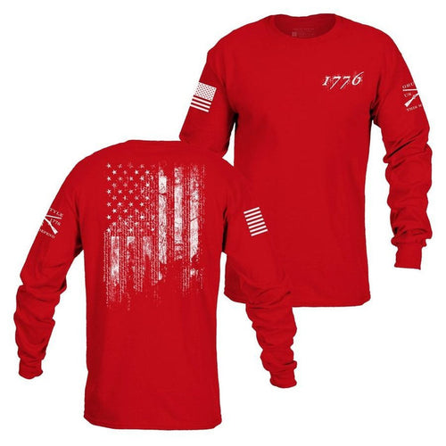 Red long-sleeve shirt with American flag design on the front and back, featuring the year 1776.