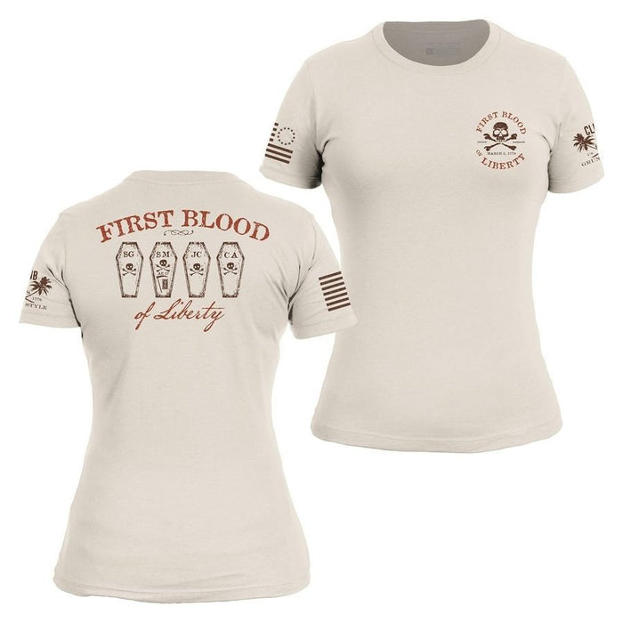 Beige t-shirt with 'First Blood of Liberty' design on a white background