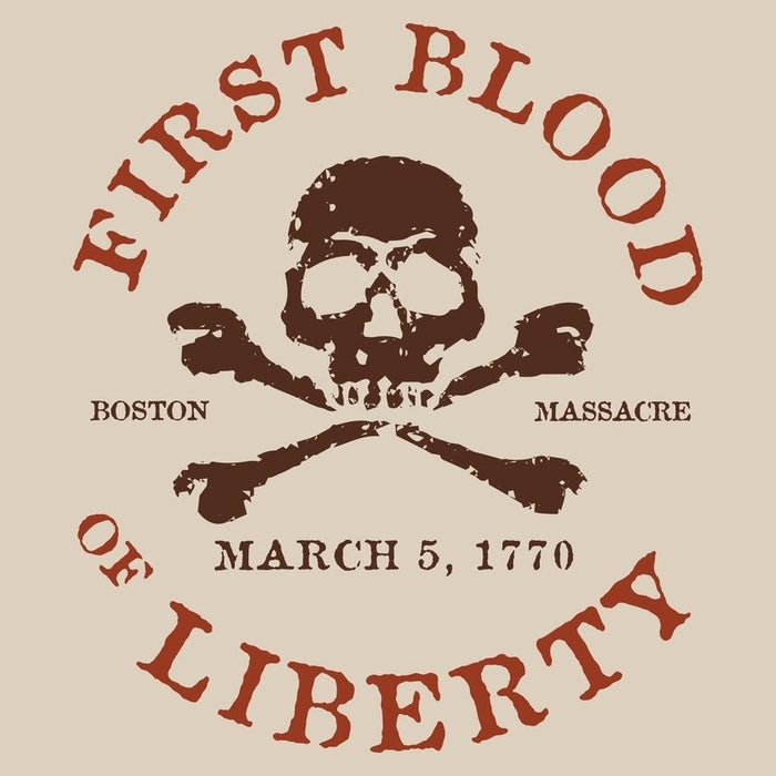 Logo with skull and crossbones and text 'First Blood of Liberty' on a beige background