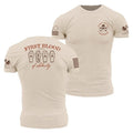 Beige t-shirt with 'First Blood of Liberty' design on front and back, featuring a skull and crossbones logo.