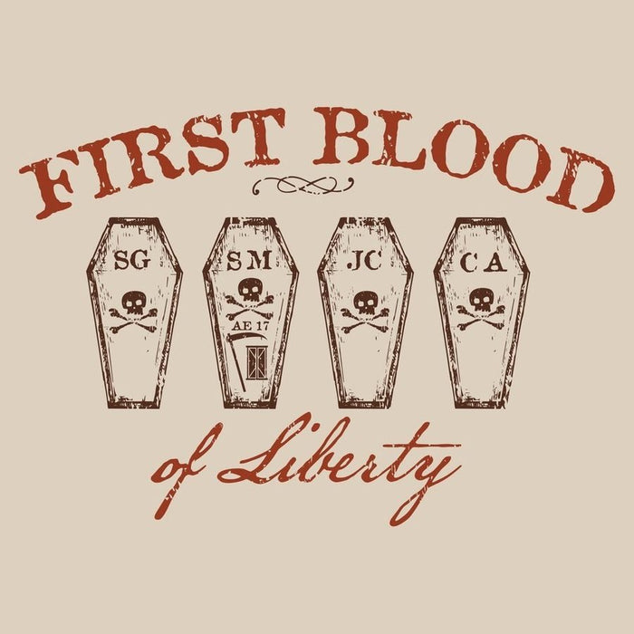 Four coffins with skull and crossbones designs on a beige background with text 'First Blood of Liberty'.