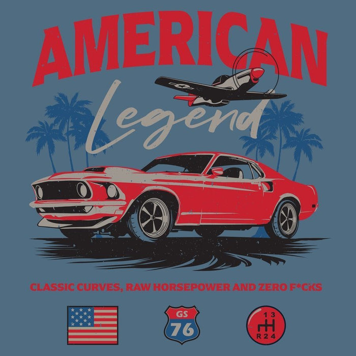 A graphic design featuring a red classic muscle car, palm trees, a vintage airplane, and large red and white text reading 'AMERICAN Legend' on a muted blue background. Smaller text at the bottom reads 'CLASSIC CURVES, RAW HORSEPOWER AND ZERO F*CKS' above small patriotic icons.