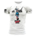 White t-shirt with a graphic of a person on a motorcycle and text 'Freedom Rider' on a white background