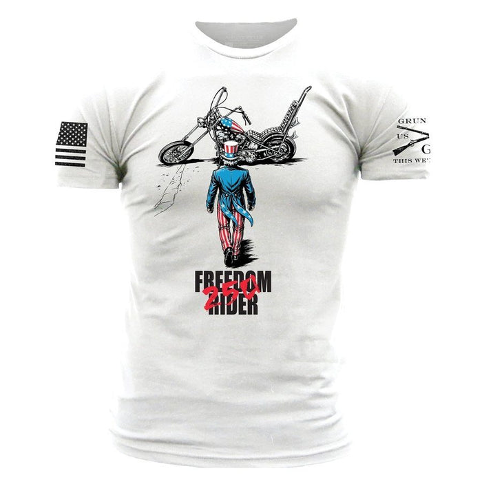 White t-shirt with a graphic of a person on a motorcycle and text 'Freedom Rider' on a white background