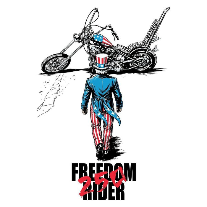 Illustration of a person in an American flag costume walking next to a motorcycle with 'Freedom Rider' text.
