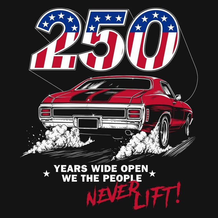 Red car with American flag design and text on a black background