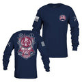 Navy blue long-sleeve shirt with red and white graphics on a white background