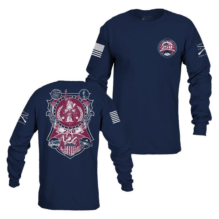 Navy blue long-sleeve shirt with red and white graphics on a white background