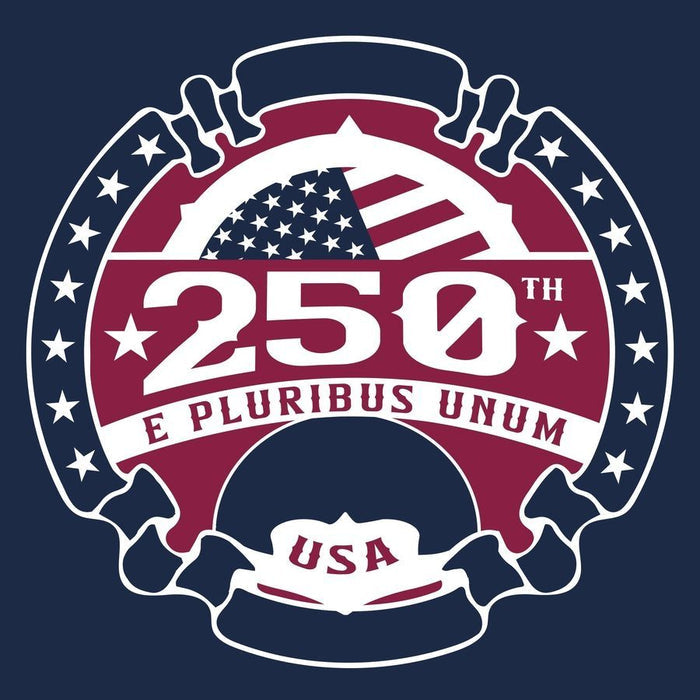 250th anniversary logo with American flag design on a dark blue background