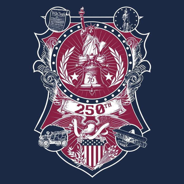 Decorative graphic with Statue of Liberty and text on a dark blue background