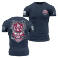 Navy blue t-shirt with red and white graphic design on a white background