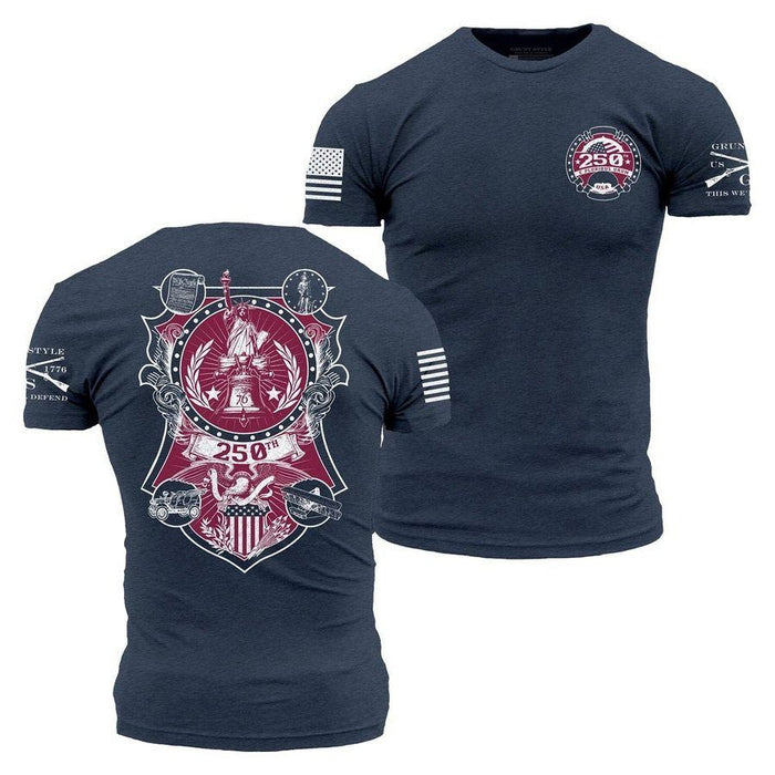 Navy blue t-shirt with red and white graphic design on a white background