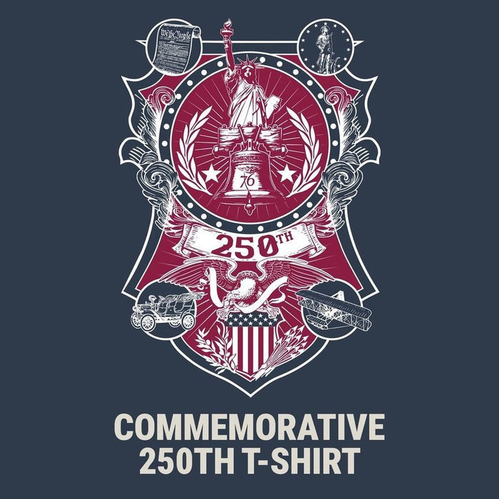 Commemorative 250th t-shirt design with a detailed emblem on a dark background