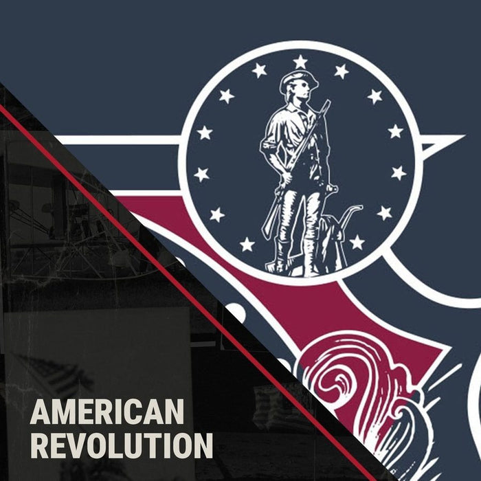 Design with American Revolution theme featuring a central emblem and text on a dark background.