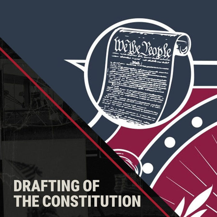 Graphic of the Constitution with a red, white, and blue design on a dark background.