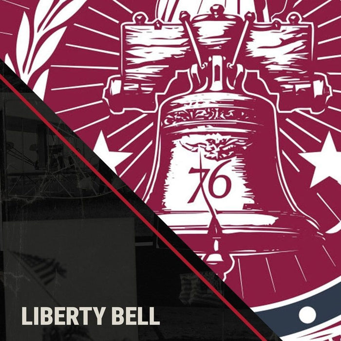 Illustration of the Liberty Bell with '76' on a red and white background