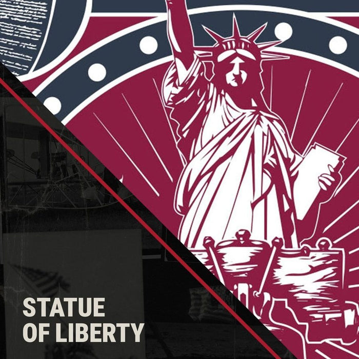 Illustration of the Statue of Liberty on a red, white, and blue background with text.