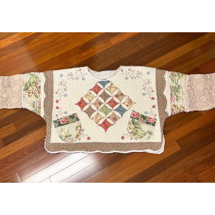 Heirloom Quilted Patchwork Top with Crochet Lace Sleeves