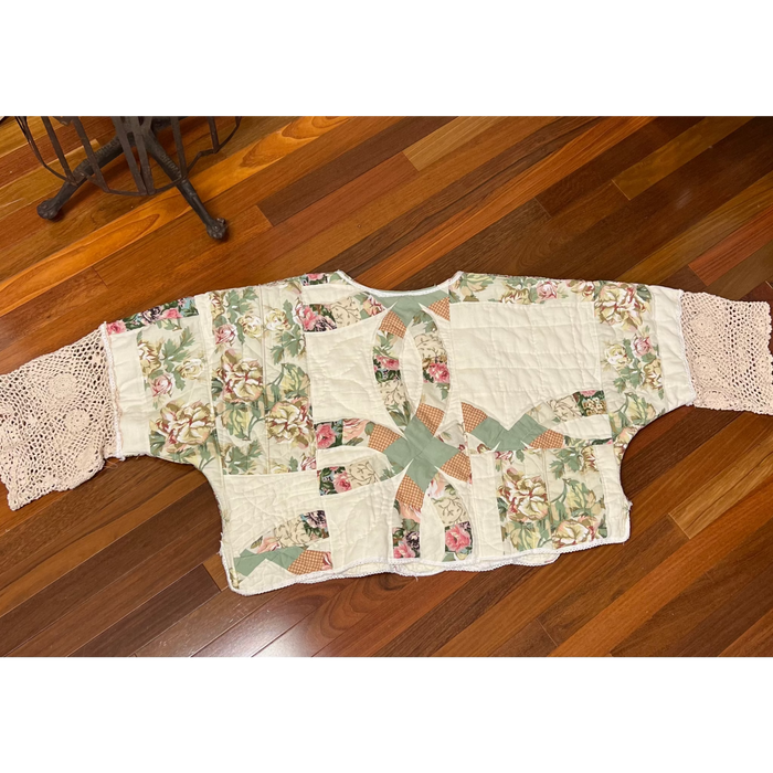 Heirloom Quilted Patchwork Top with Crochet Lace Sleeves