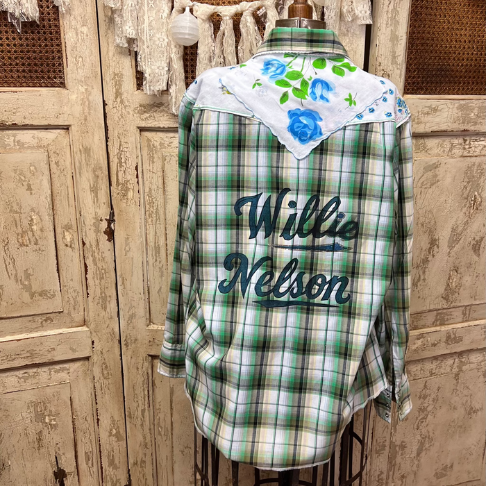 Willie Nelson Green Plaid Western Shirt with Blue Rose Floral Yoke
