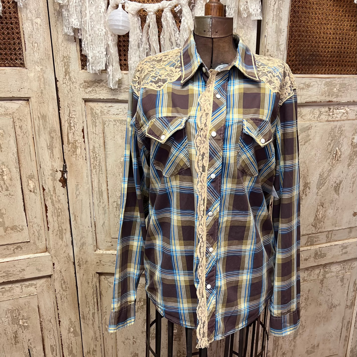 Willie Nelson Brown Plaid Western Shirt with Lace Yoke & Flower Heart Appliqué