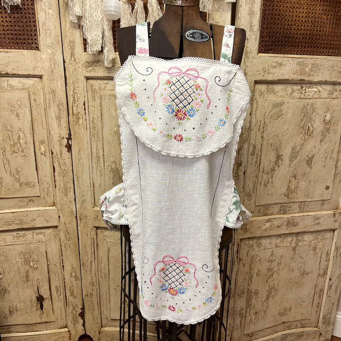 Garden Heirloom Apron — Vintage Hand-Embroidered Table Topper Reimagined