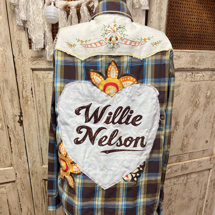 Willie Nelson Brown Plaid Western Shirt with Lace Yoke & Flower Heart Appliqué
