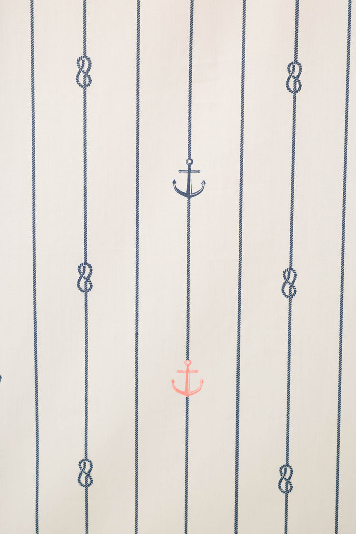 The Afterparty Poplin Anchors Away Short PJ Set by P.J. Salvage features white cotton poplin with vertical blue stripes, small blue knots, and blue and red anchor accents—ideal for a breezy, coastal-inspired night in.