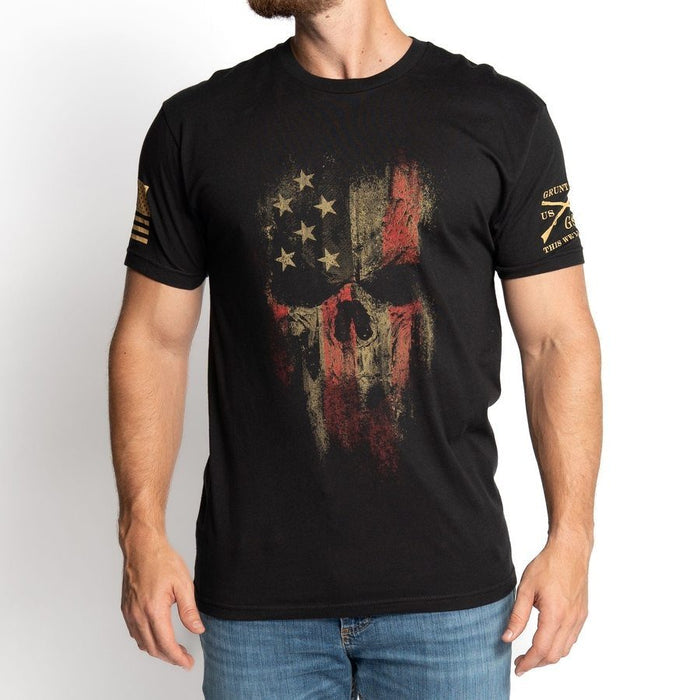 Black t-shirt with a graphic design on a white background