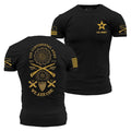 Black t-shirt with gold graphic design on front and back, featuring an American flag and crossed rifles.