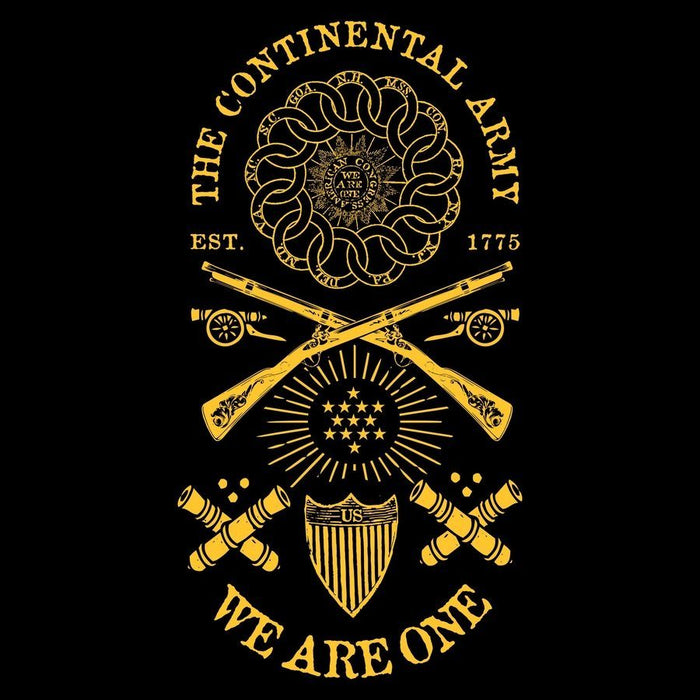 Logo of The Continental Army with crossed rifles and shield on a black background