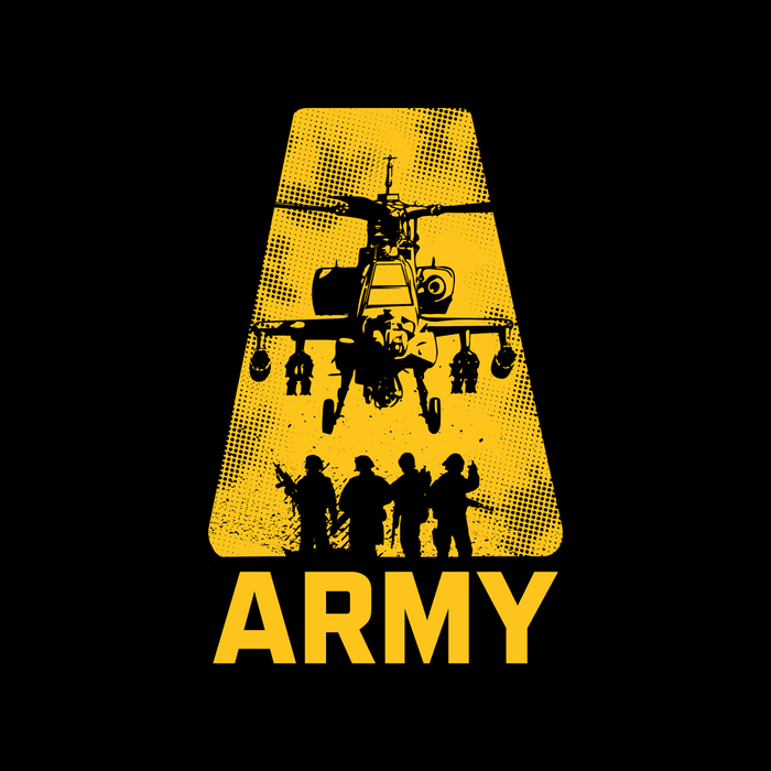 Yellow 'A' shape with helicopter and soldiers silhouette and 'ARMY' text on black background