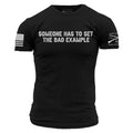 Black t-shirt with white graphic design on a white background