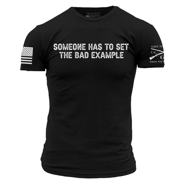 Black t-shirt with white graphic design on a white background