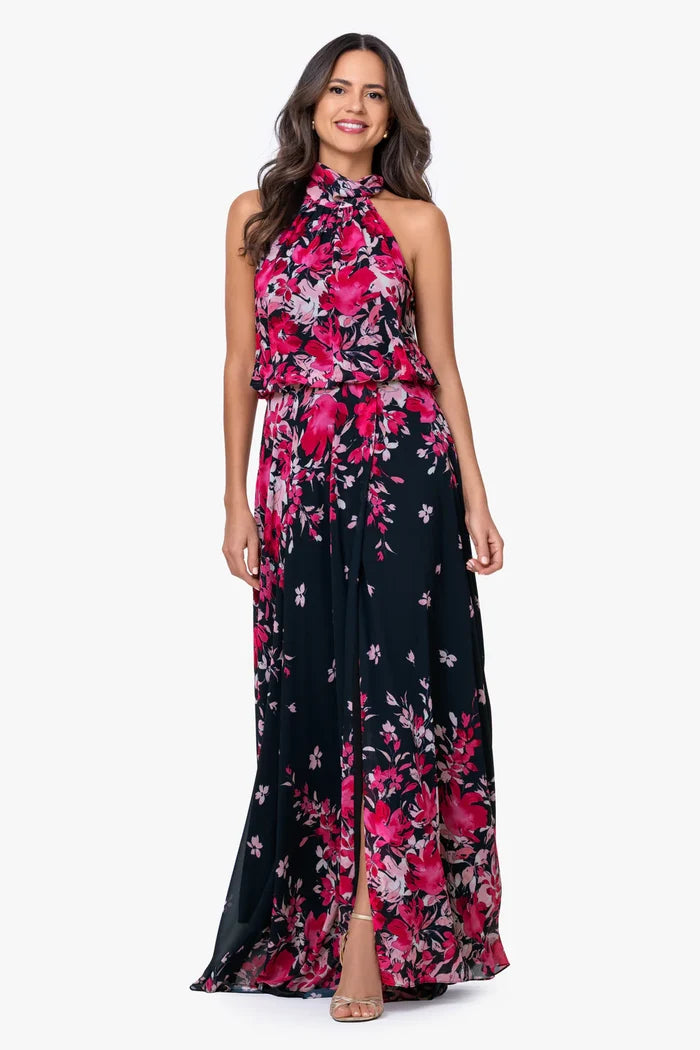 Betsy & Adam Chiffon Floral Print Long Evening Dress A28009