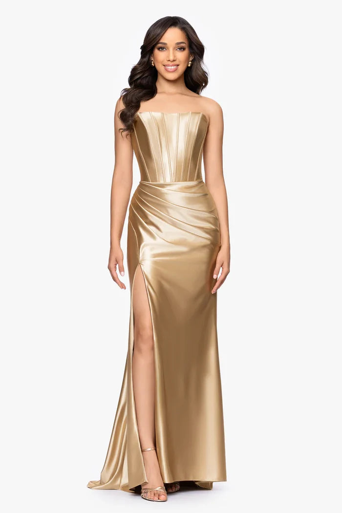Betsy & Adam Fitted Satin Corset Long Dress A27720