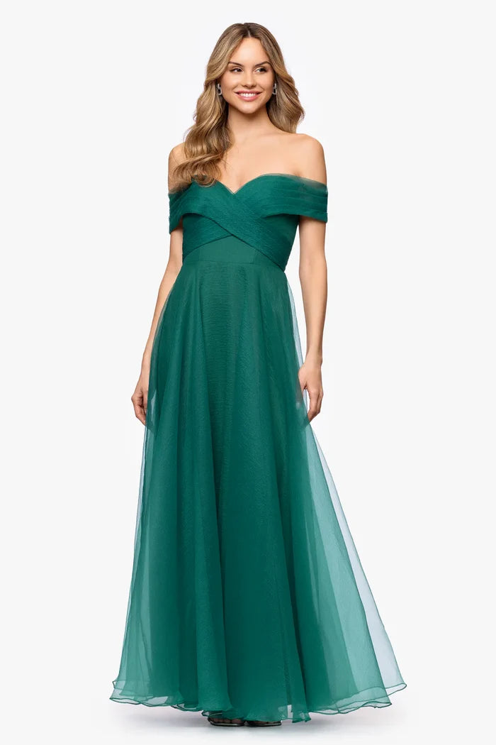 Betsy & Adam Off the Shoulder Long Evening Dress A28002