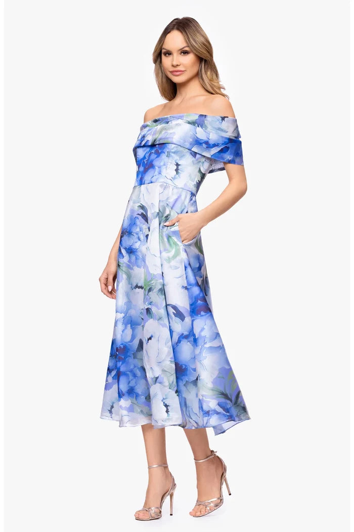 Betsy & Adam Off the Shoulder Midi Organza Dress A28016