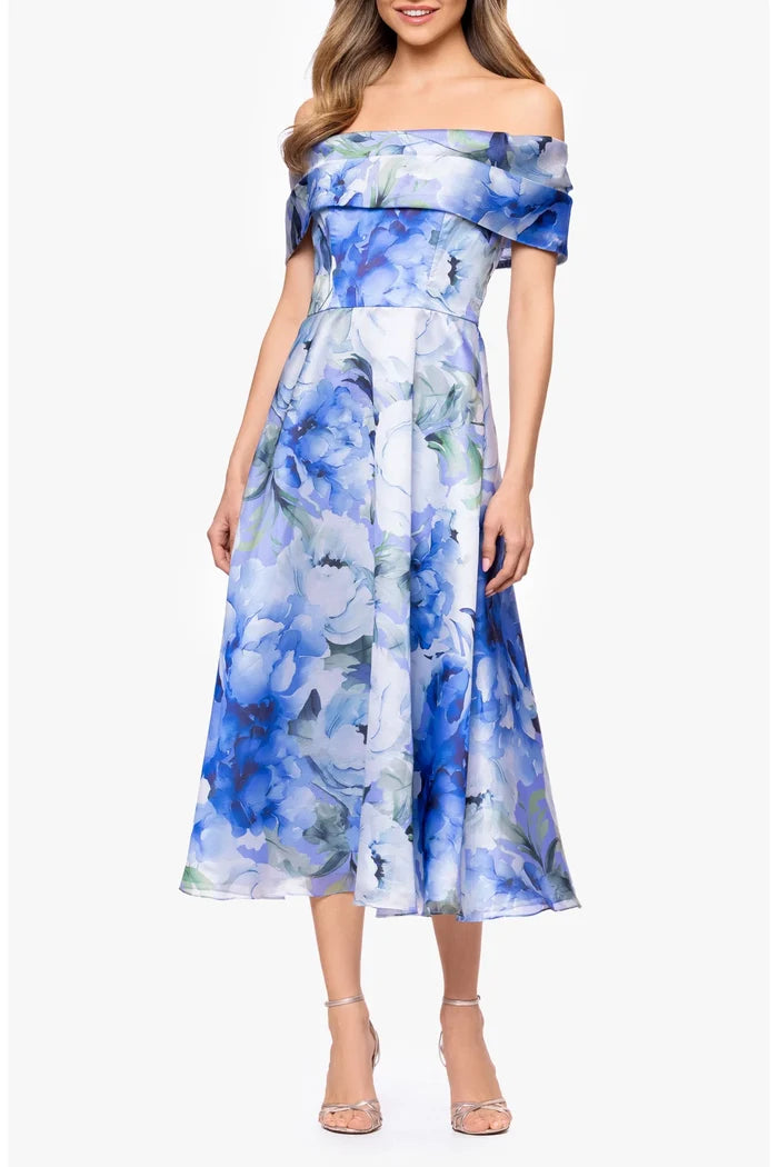 Betsy & Adam Off the Shoulder Midi Organza Dress A28016