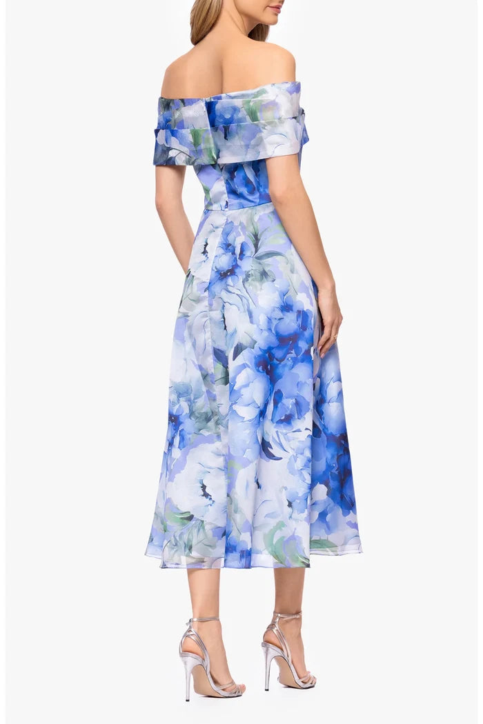 Betsy & Adam Off the Shoulder Midi Organza Dress A28016
