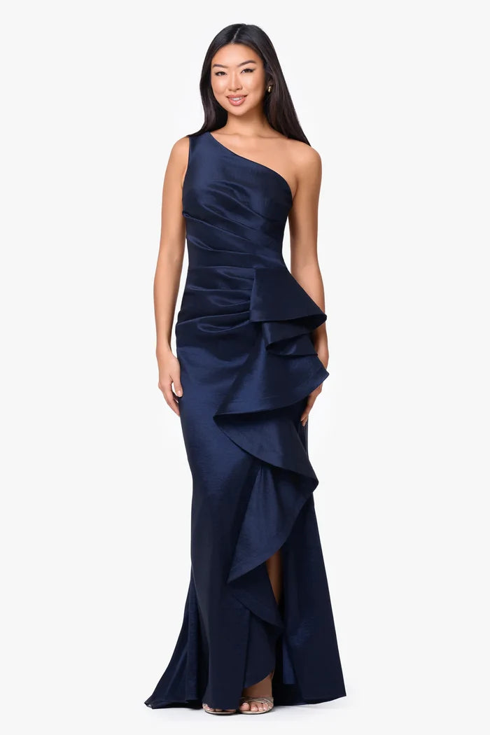 Betsy & Adam On Shoulder Taffeta Long Evening Dress A28177