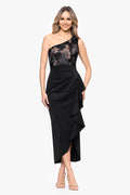 Betsy & Adam One Shoulder Ruffle Skirt Midi Dress A27980
