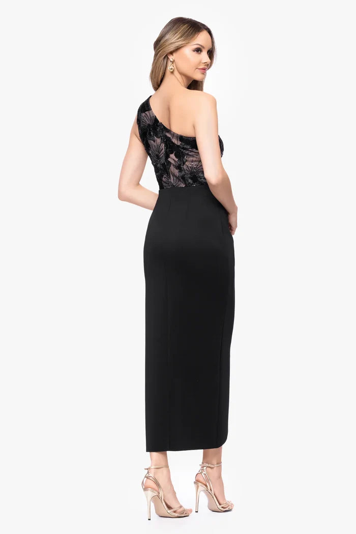 Betsy & Adam One Shoulder Ruffle Skirt Midi Dress A27980