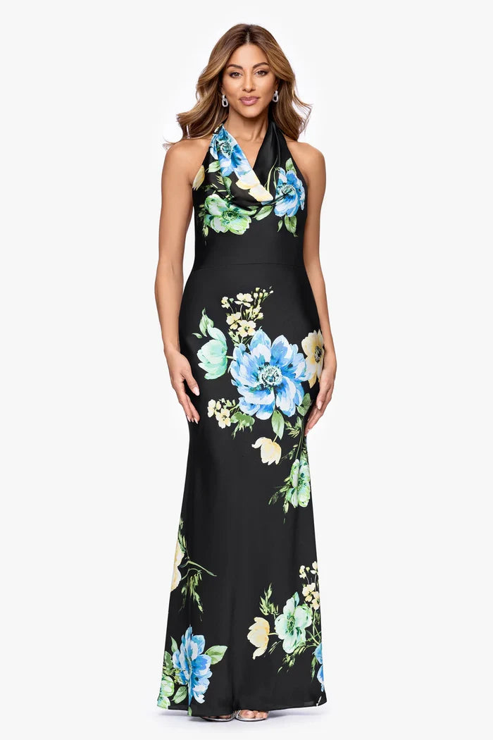 Betsy & Adam Printed Floral Satin Long Evening Dress A27911