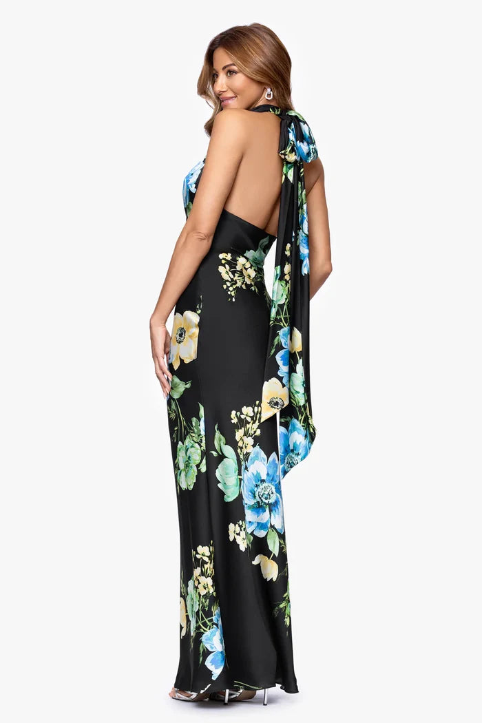 Betsy & Adam Printed Floral Satin Long Evening Dress A27911