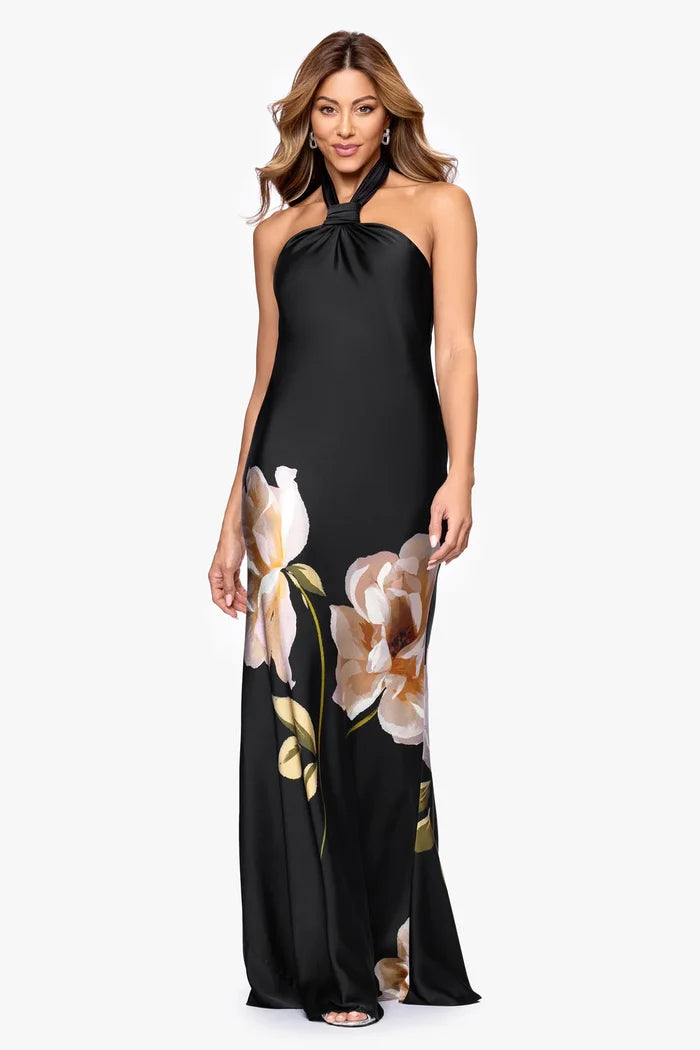 Betsy & Adam Satin Knot Neckline Long Dress A27981