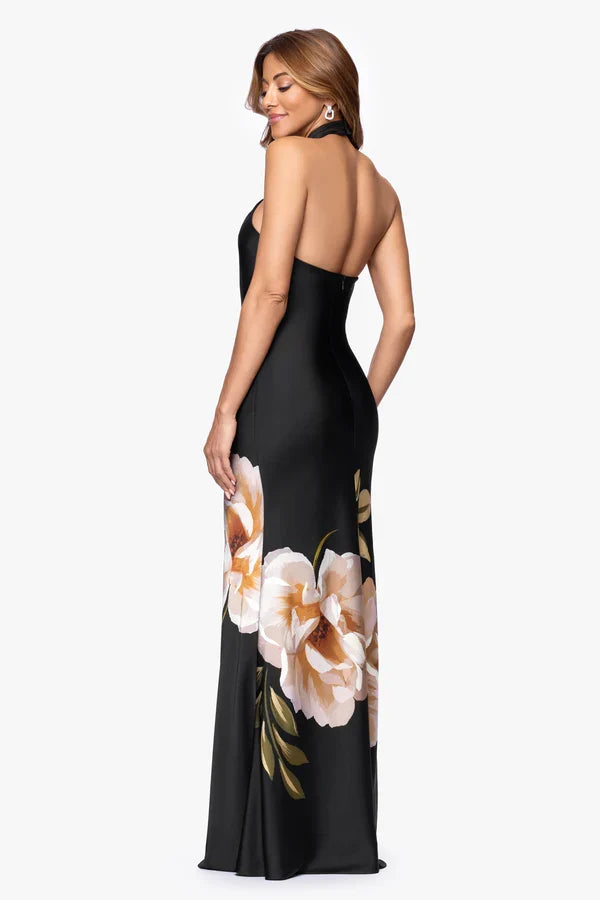 Betsy & Adam Satin Knot Neckline Long Dress A27981