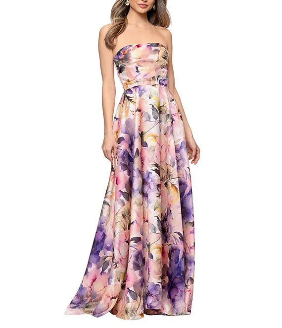 Betsy & Adam Strapless Floral Print Long Dress A27953