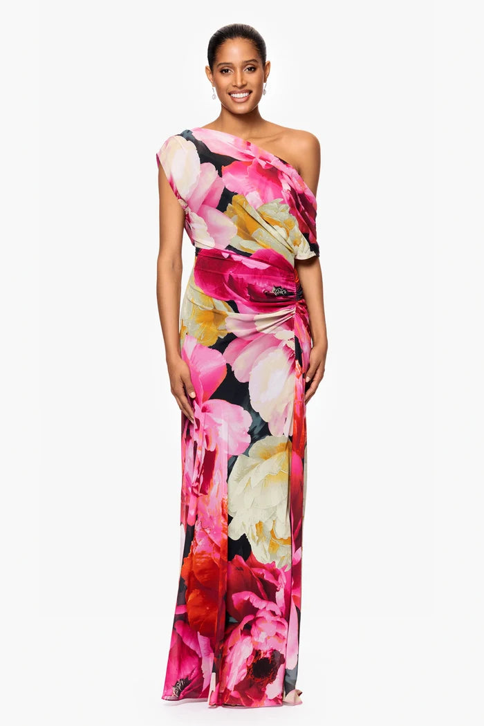 Betsy and Adam "Dawn" Floral Print Chiffon Drop Shoulder Dress A27011